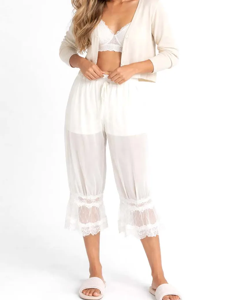 Sheer Lace Trim Bloomer Drawstring Waist Capri Pants