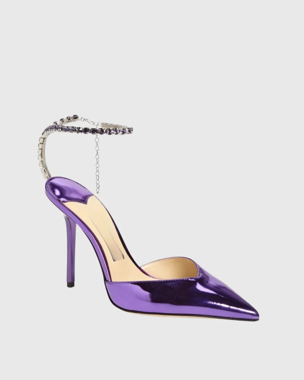 Metallic Rhinestone Strap Pumps in Purple