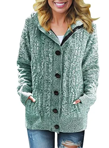 Women Hooded Knit Cardigans Button Cable Sweater Coat
