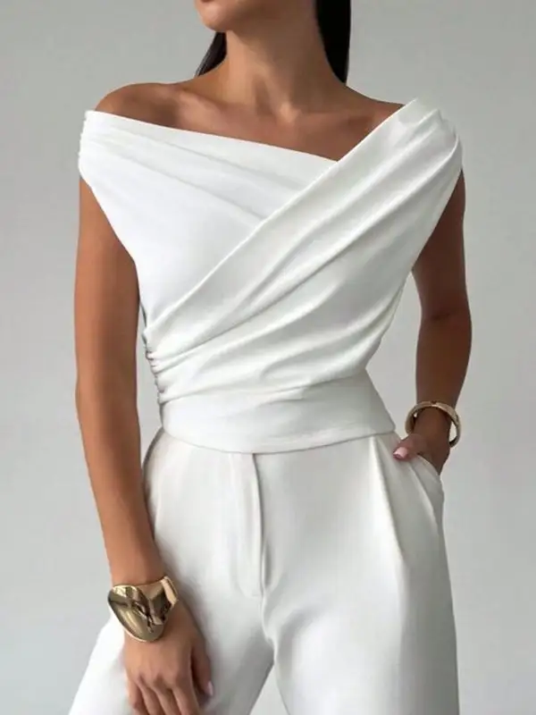 Short Sleeve Slim Fit Asymmetric Pleat Detail Panel Detail Asymmetric Neckline T-Shirt