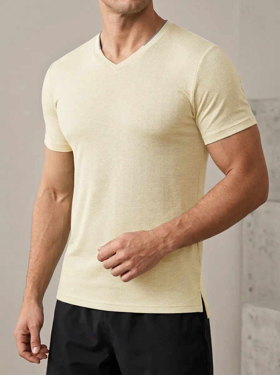 Refined Textured V-Neck Detail Men's Slim Fit Short Sleeve T-Shirt