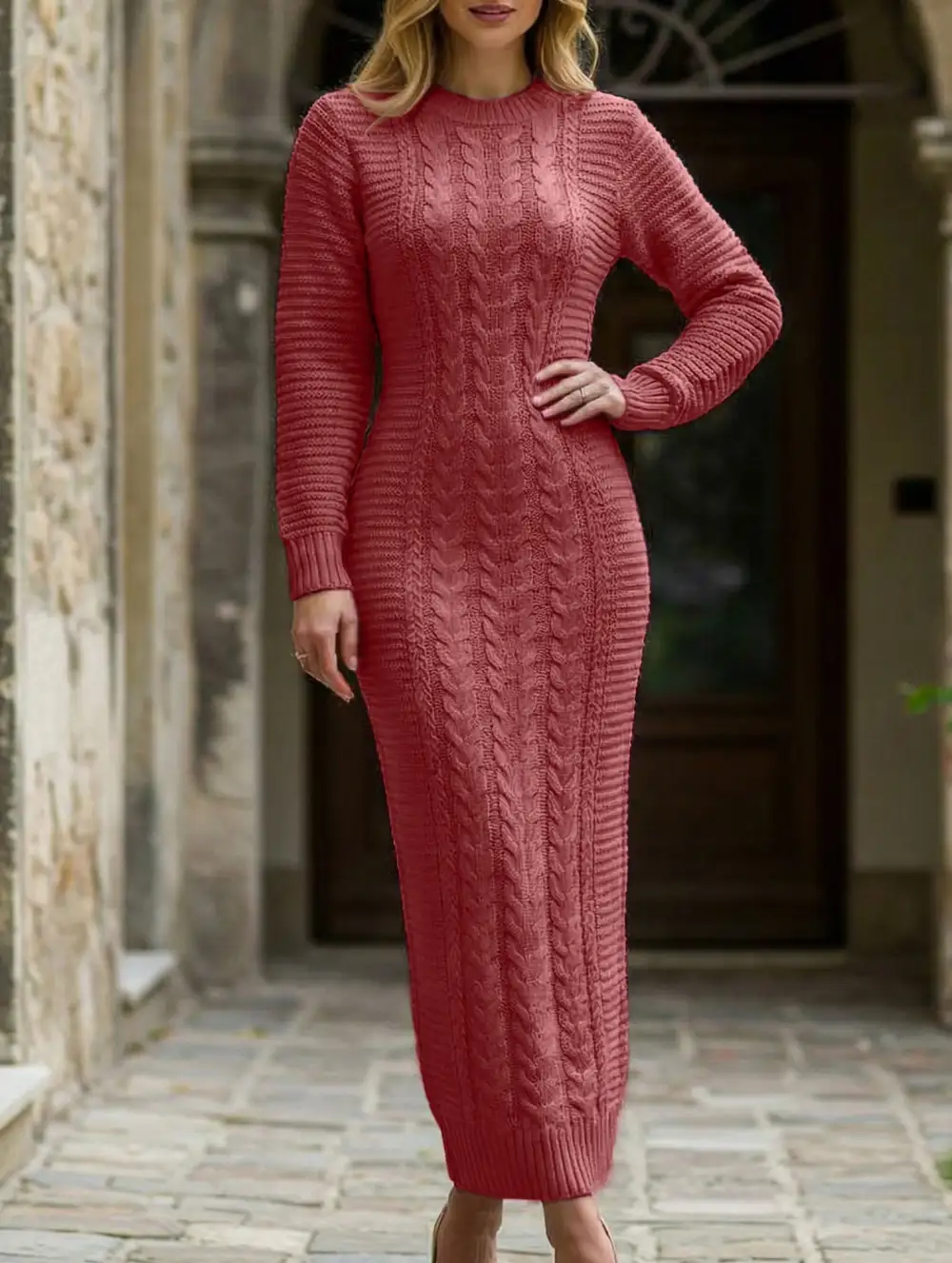 Cable Knit Long-Sleeved Wool Dress