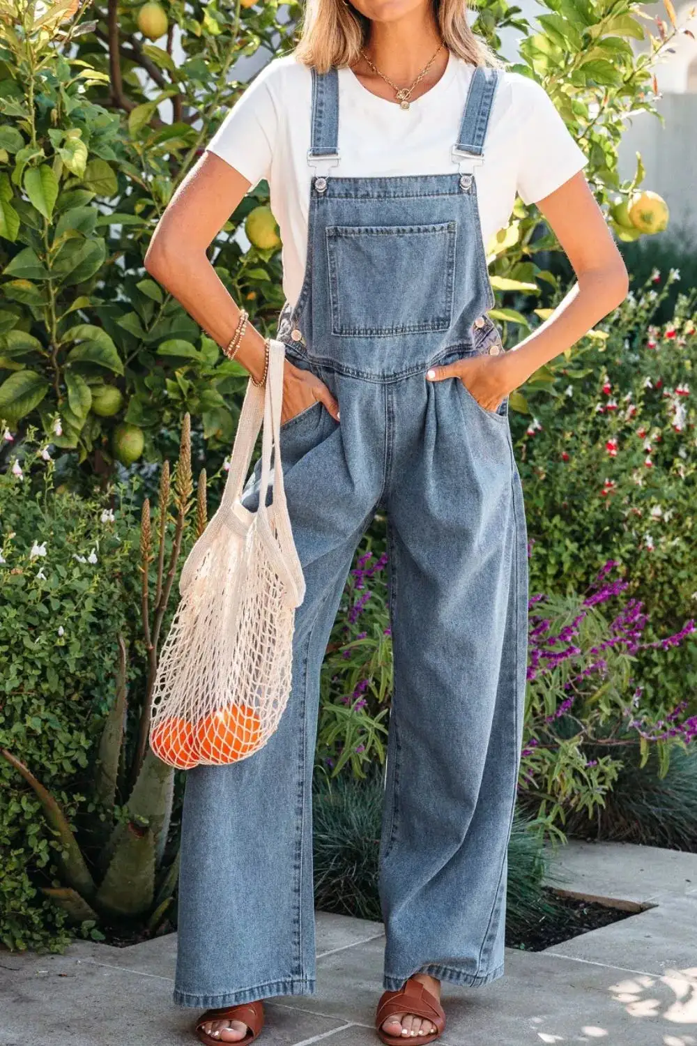 Pleated Wide Leg Retro Pocketed Jumpsuit Denim Pants