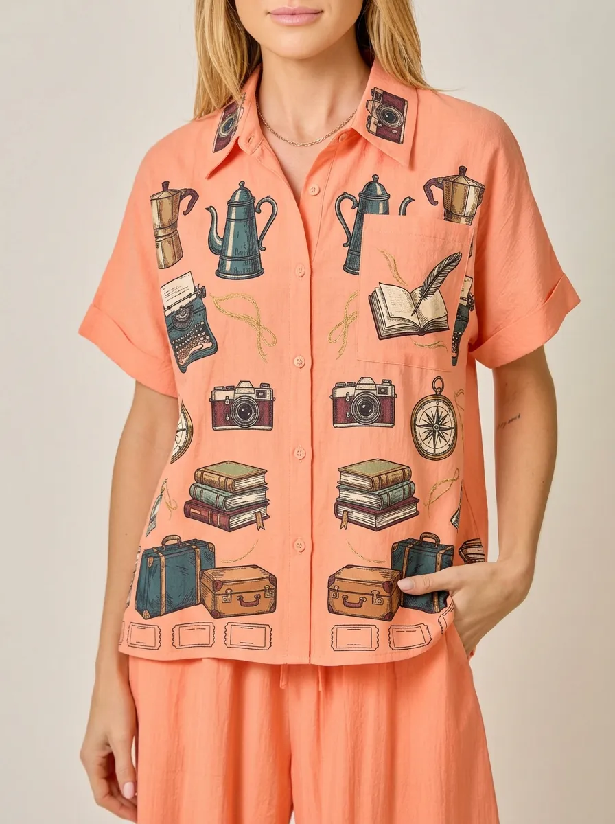 Women's Travel Hobbyist Books Camera Printed Button-up Shirt