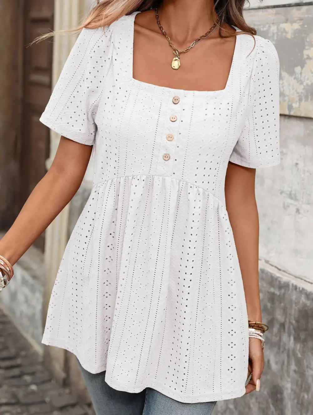 Square Neck Button Loose Tee