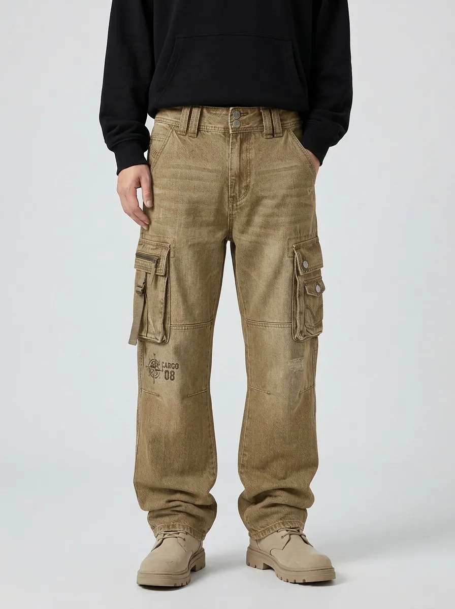 Men's Mid-Blue Compass Detail Straight-Leg Denim Cargo Pants
