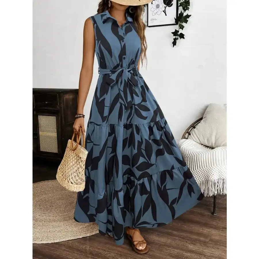 Printed Tie Waist Sleeveless Maxi Dress