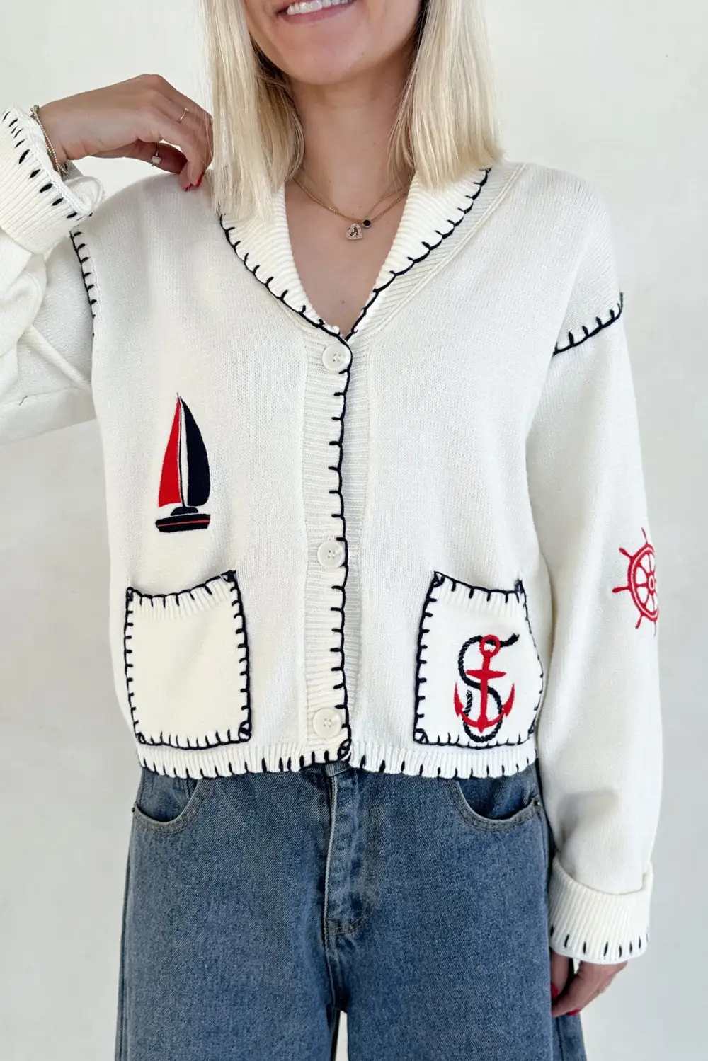 Easy Pull On Knit Embroidered Cardigan