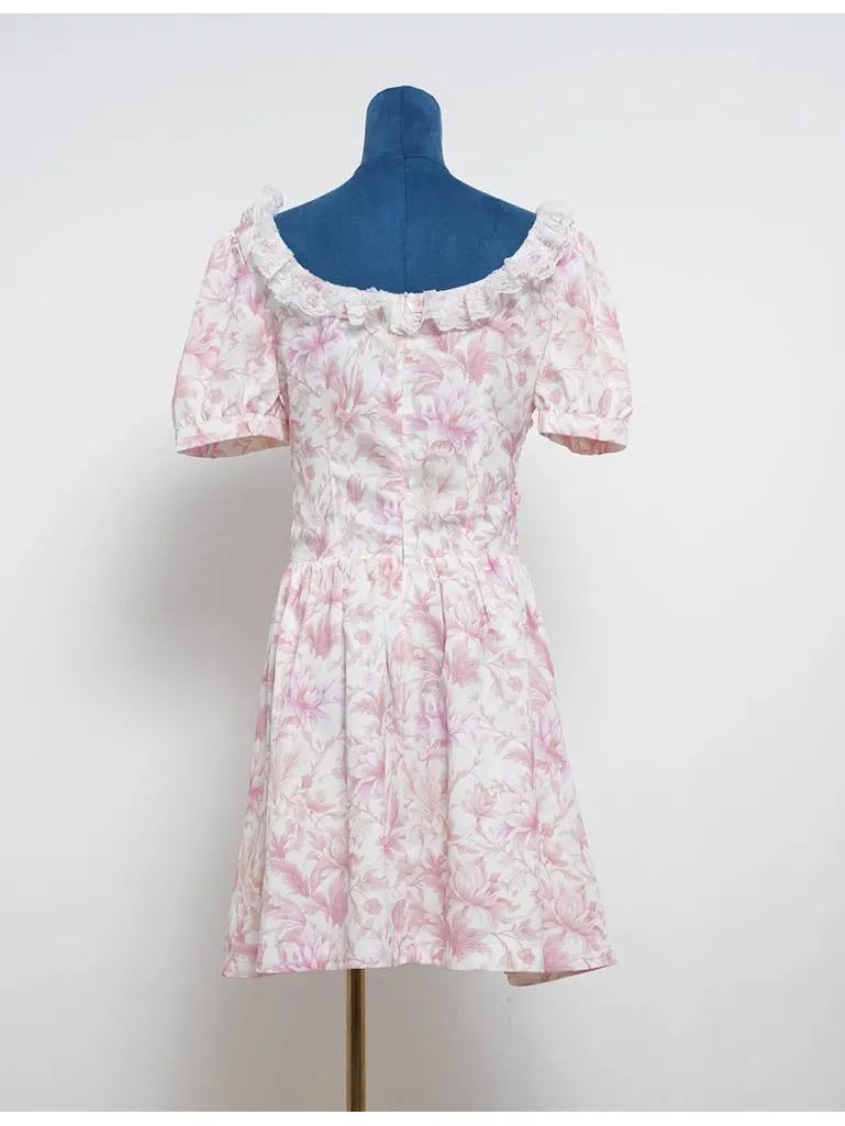 Romantic Lace Trim Puff Sleeves Mini Dress
