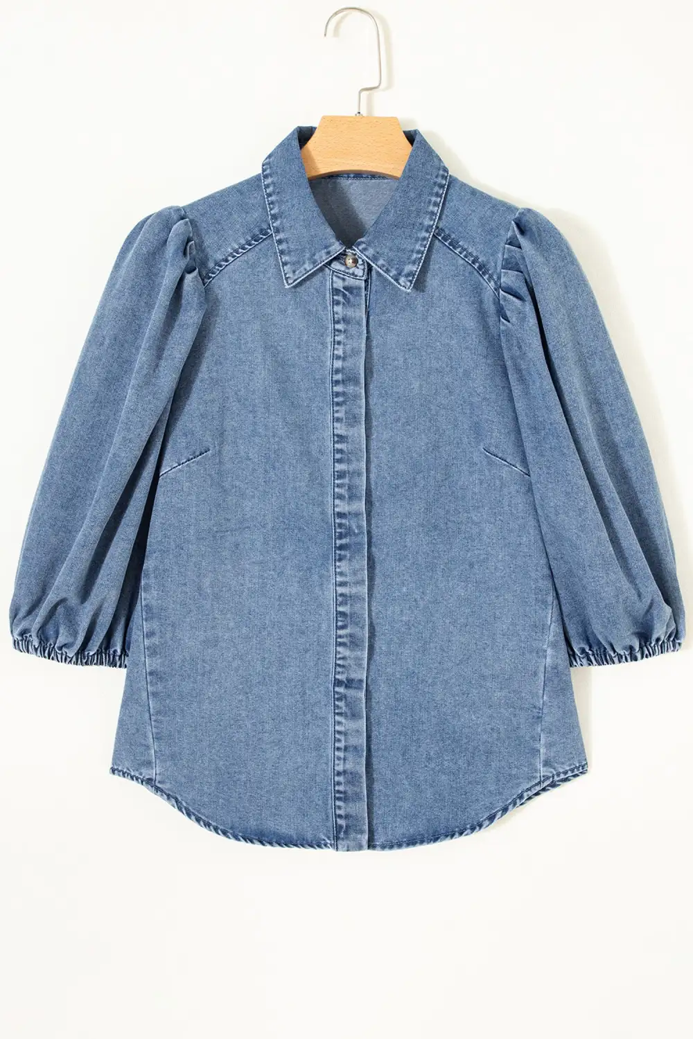 Blue Puff Half Sleeve Collared Denim Shirt