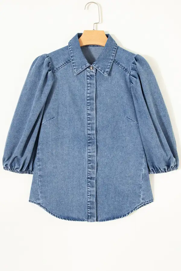 Blue Puff Half Sleeve Collared Denim Shirt