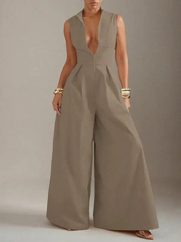 Mouwloze Jumpsuits Met Wijde Pijpen Geplooide Effen Kleur