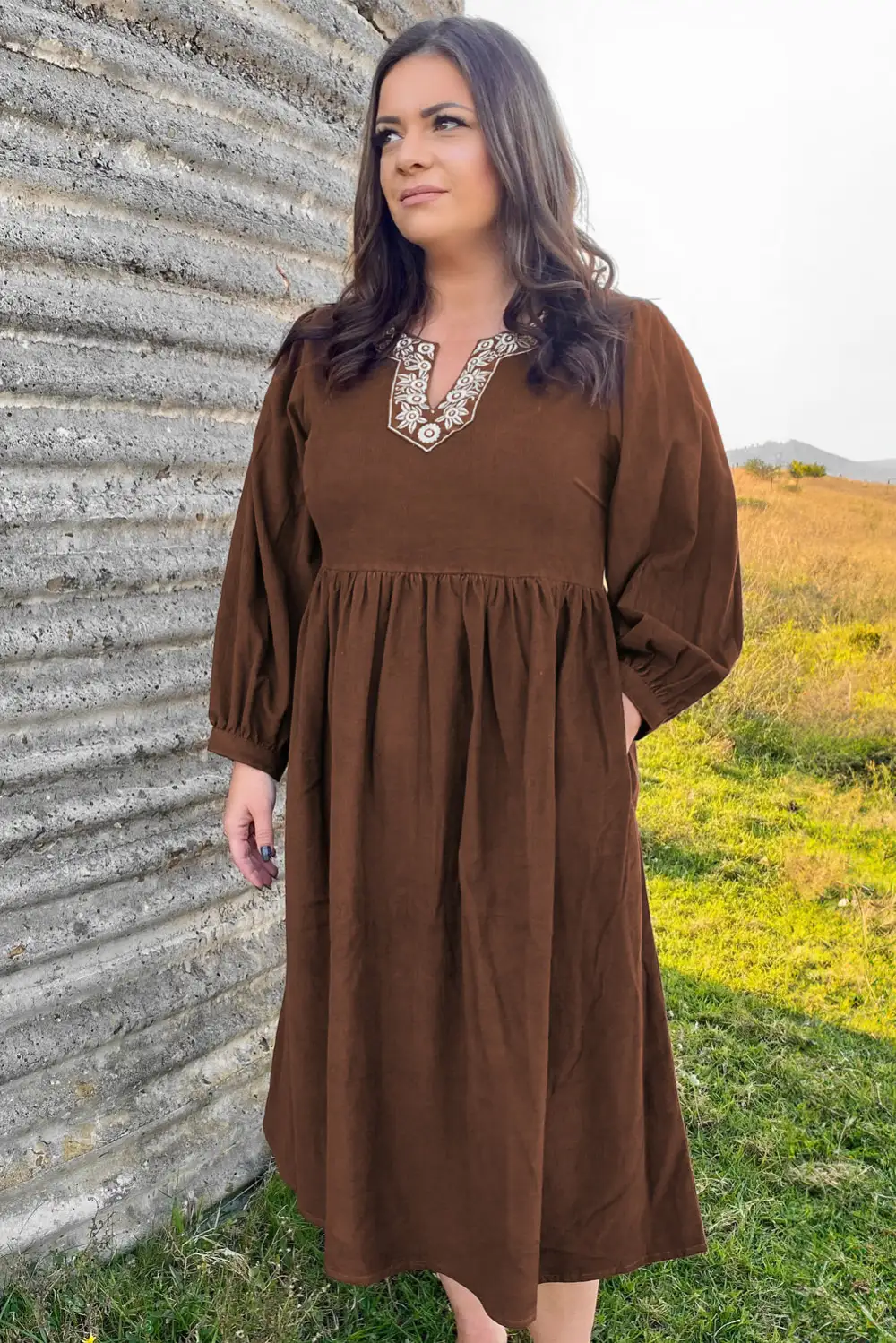 Embroidered Split Neck Pleated Midi Dress