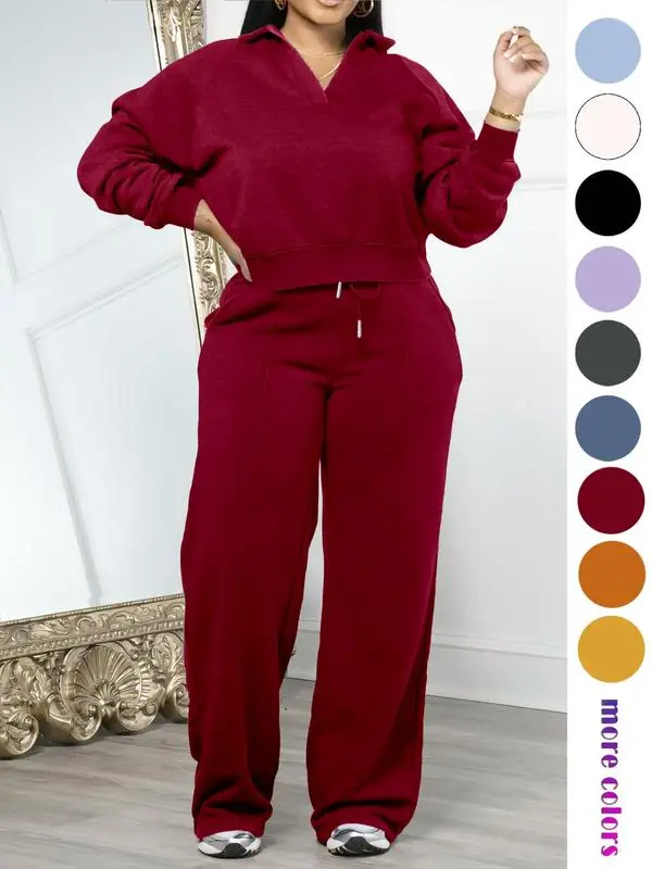 Women'S Solid Long Sleeve Sweatshirt & Drawstring Waist Pants Set