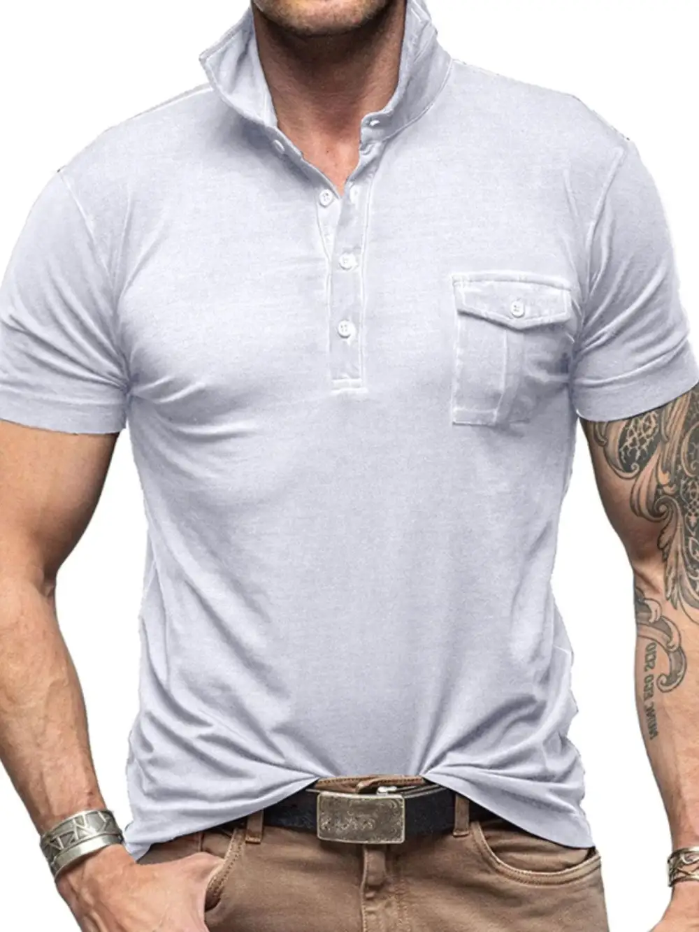 Stand-Collar Pocketed Polo Shirt