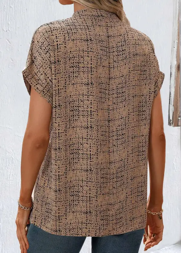 Light Coffee Split Geometric Print Short Sleeve Blouse