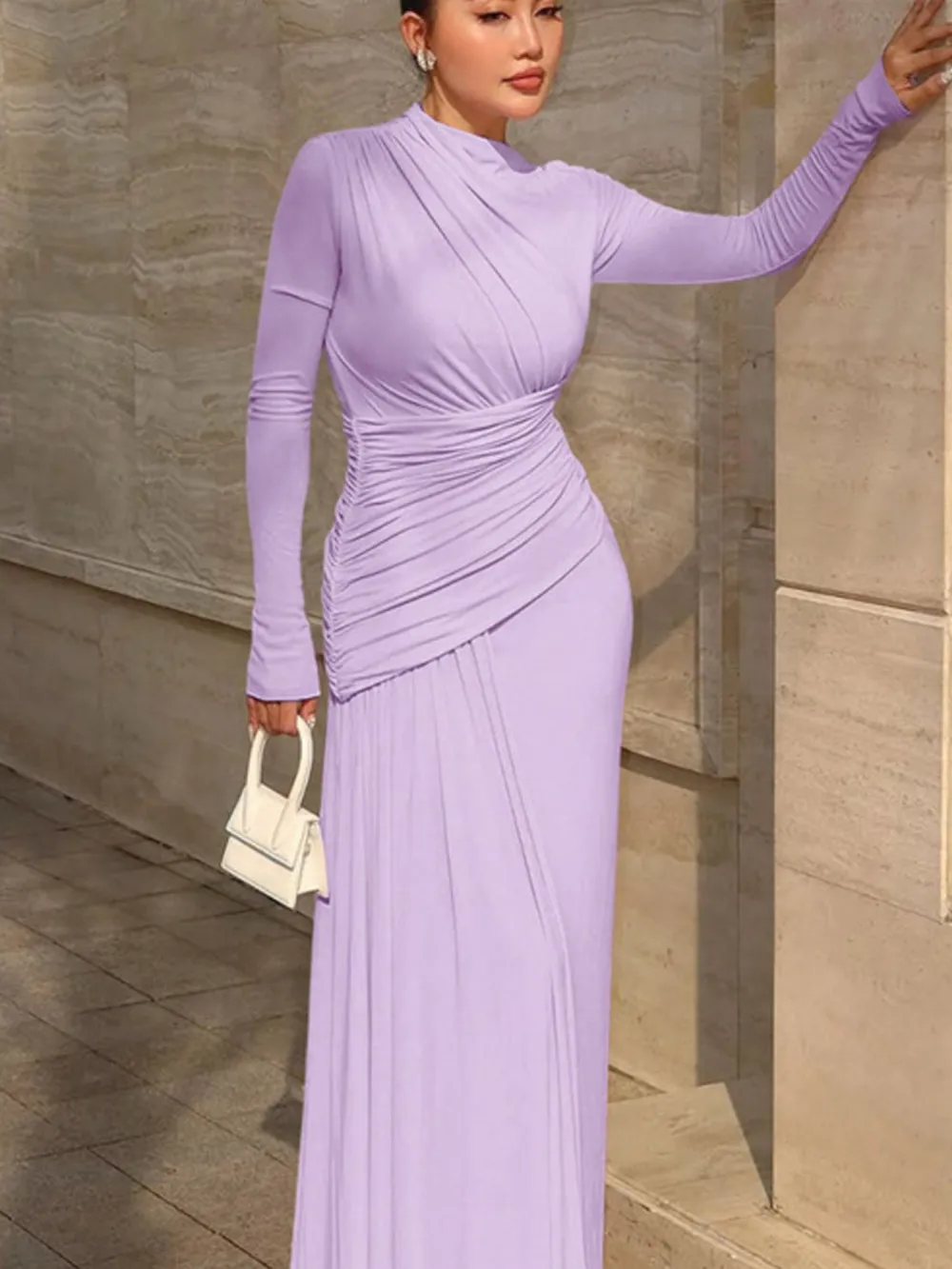Layered Detail Ruched Long Sleeve Maxi Dress
