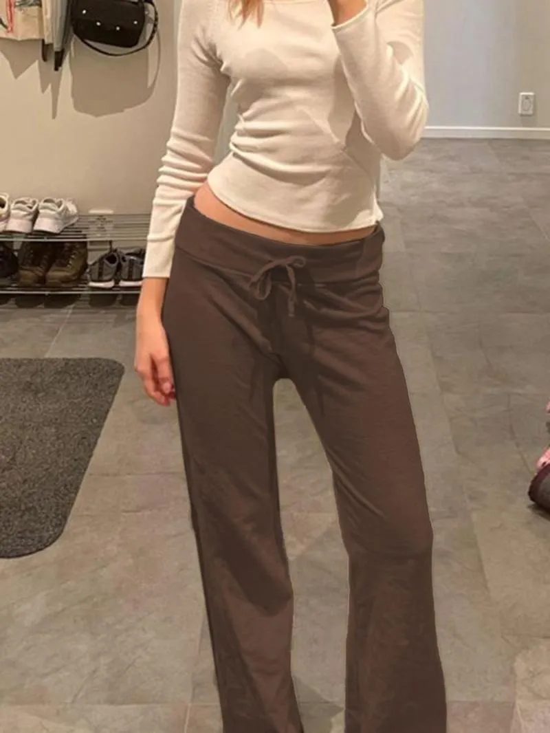 Women's Solid Adjustable Drawstring Waist Straight Leg Pants