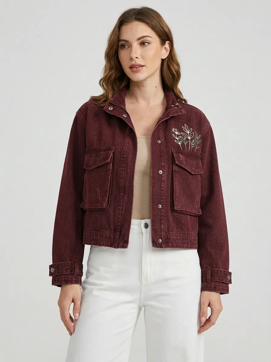 Women's Floral Line Art Embroidered Denim Jacket