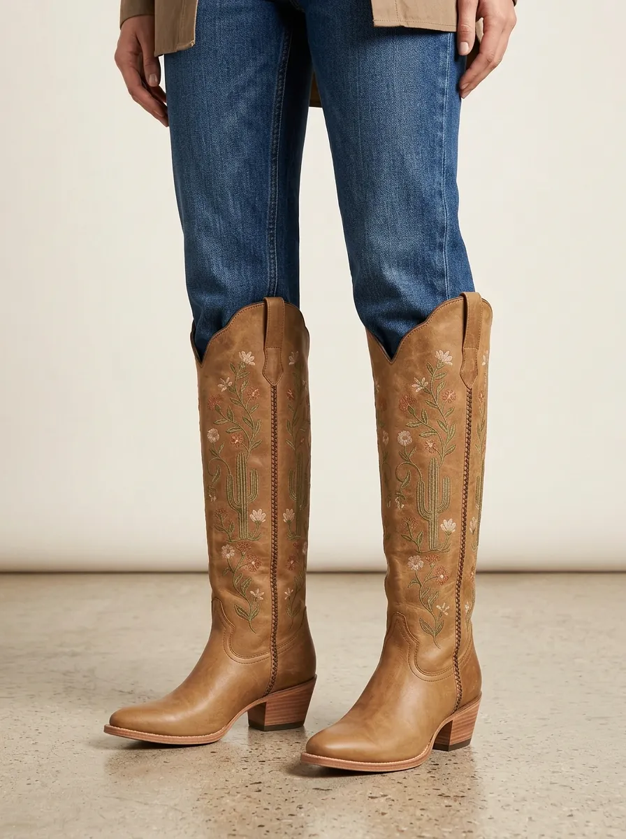 Women's Western Cactus Floral Embroidered Braided Piped Almond-Toe Denim Over-the-Knee Boots