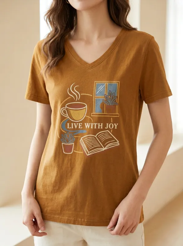 Women's Book Coffee Live With Joy Print V-Neck T-Shirt