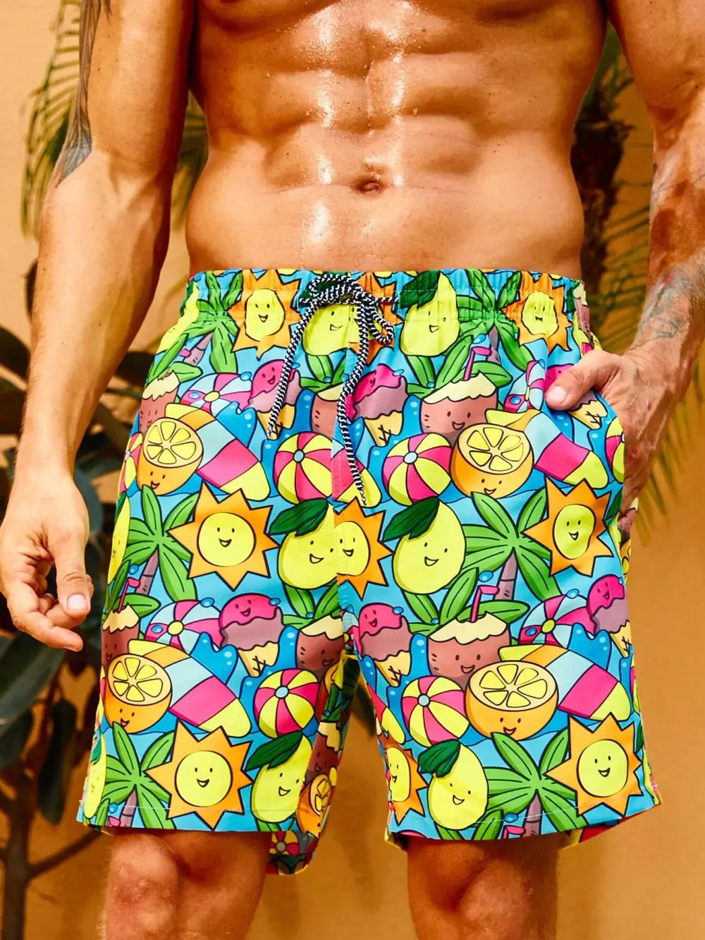 Men's Pocket Fruit Print Drawstring Swim Trunks
