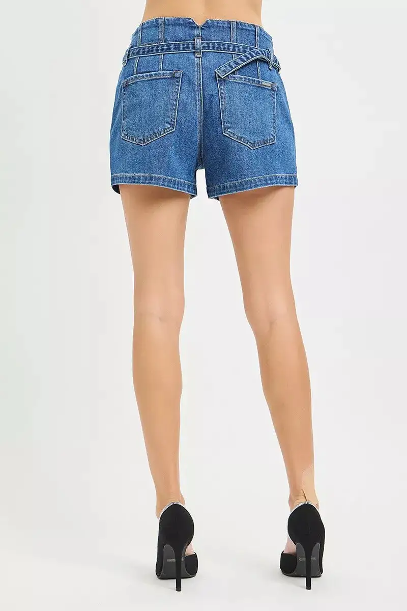 Double Button Slouchy Denim Shorts with Belt