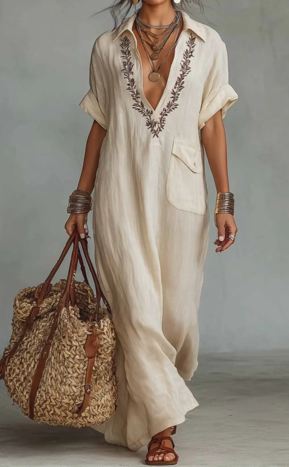 V Neck Embroidered Maxi Dress