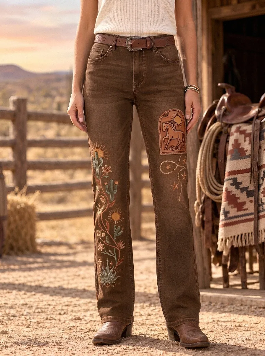 Women's Classic Western Cowboy Horse Cactus Floral Jeans