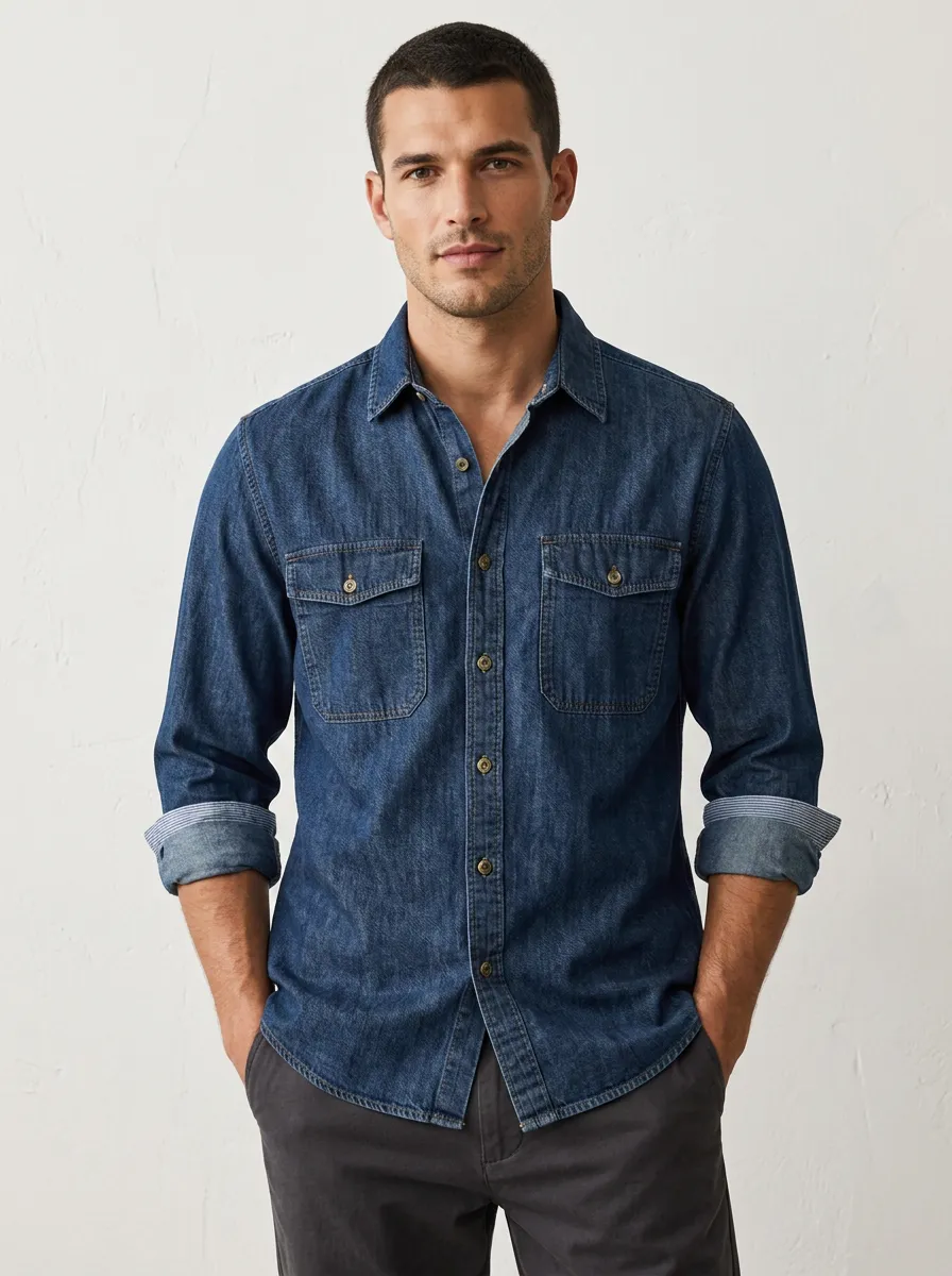 Men's Casual Daily Wear Dark Blue Denim Button-Down Shirt
