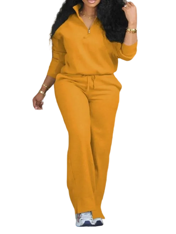 Women's Solid Half Placket Split Hem Pants Set