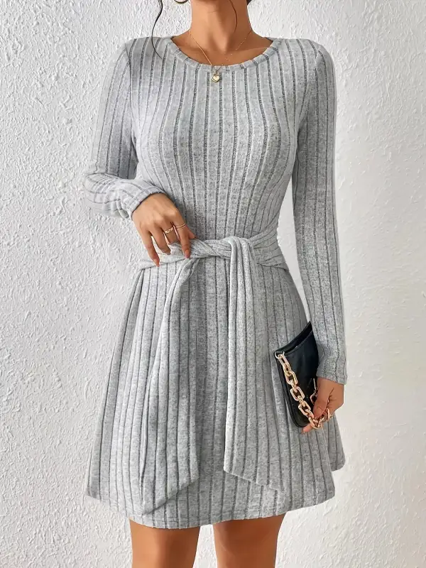 Ribbed Knit Tie Waist Sweater Dress