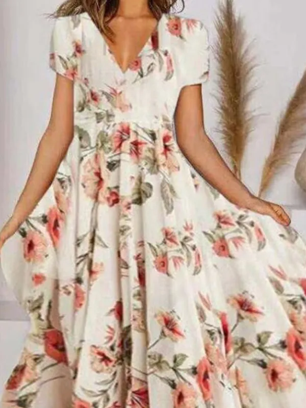 V-neck Floral Print Casual Midi Dress