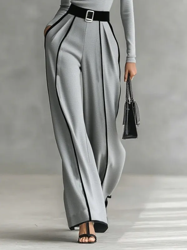 High-neck Top & Wide-leg Pants Set (free Belt)