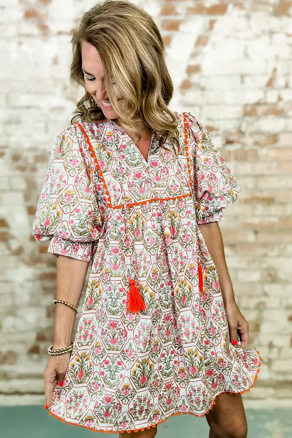 Clean Line Floral Printed V Neck Mini Dress