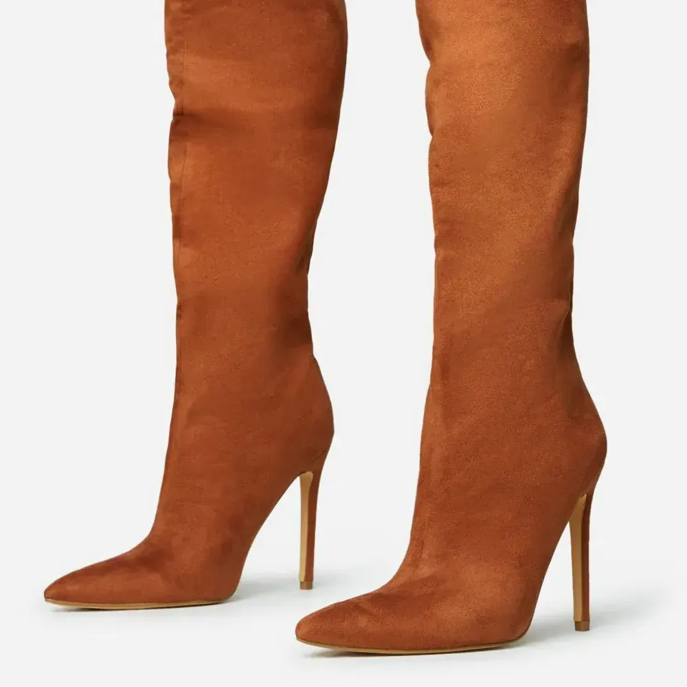 Faux-Suede Pointed-Toe Stiletto-Heel Platform Over-the-Knee Boots