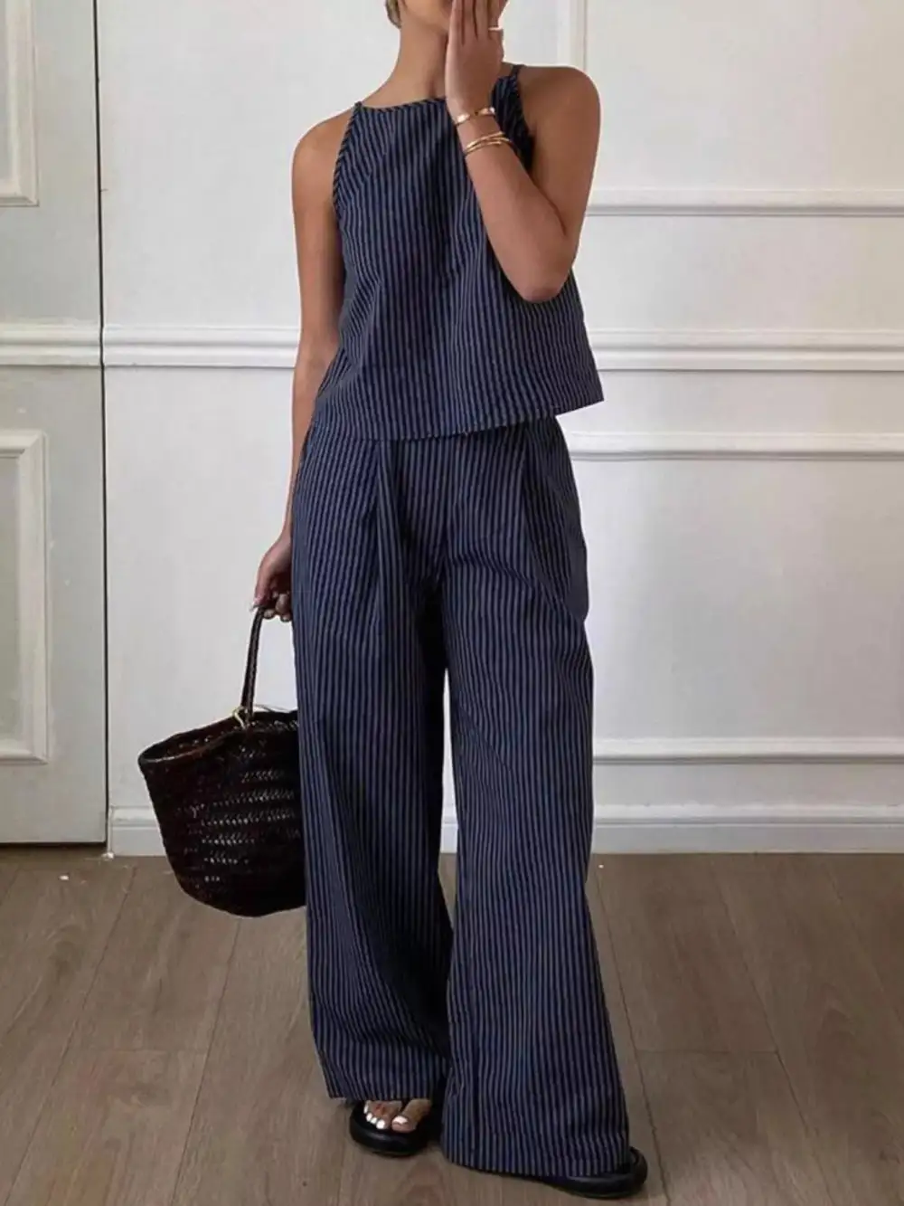 Refined Striped Sleeveless Top and Wide Leg Pants Set