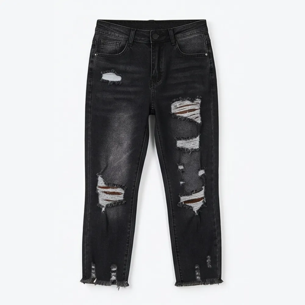 Soft Cotton Frayed-hem Capri Jeans