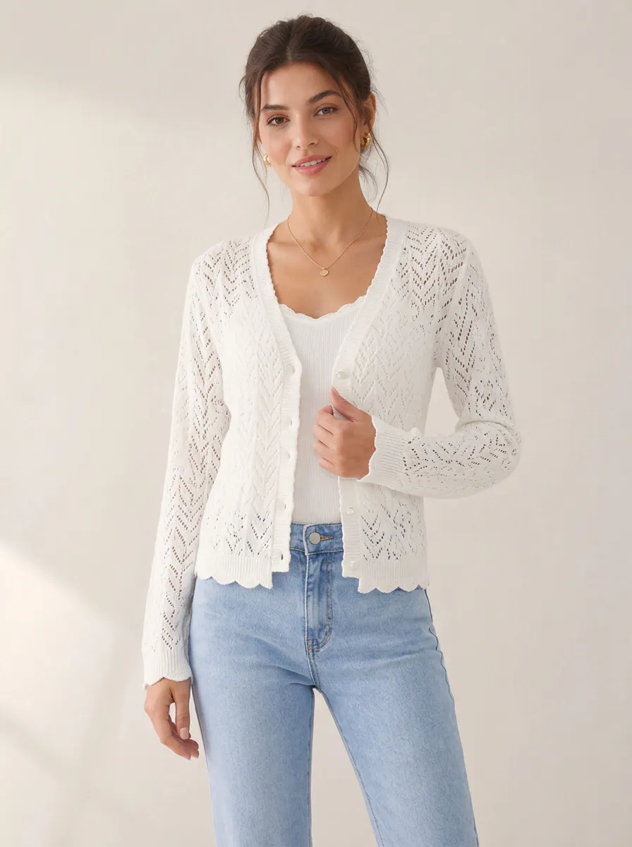 Women's Casual Elegant White Crochet Knitted Cardigan