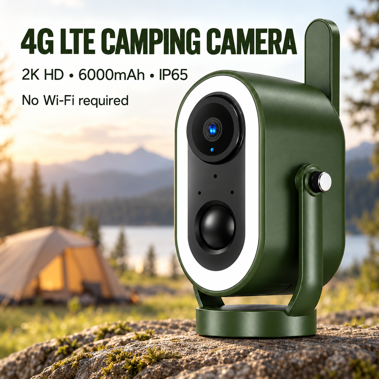 Olive-green 4G LTE camping camera with magnetic mounting stand