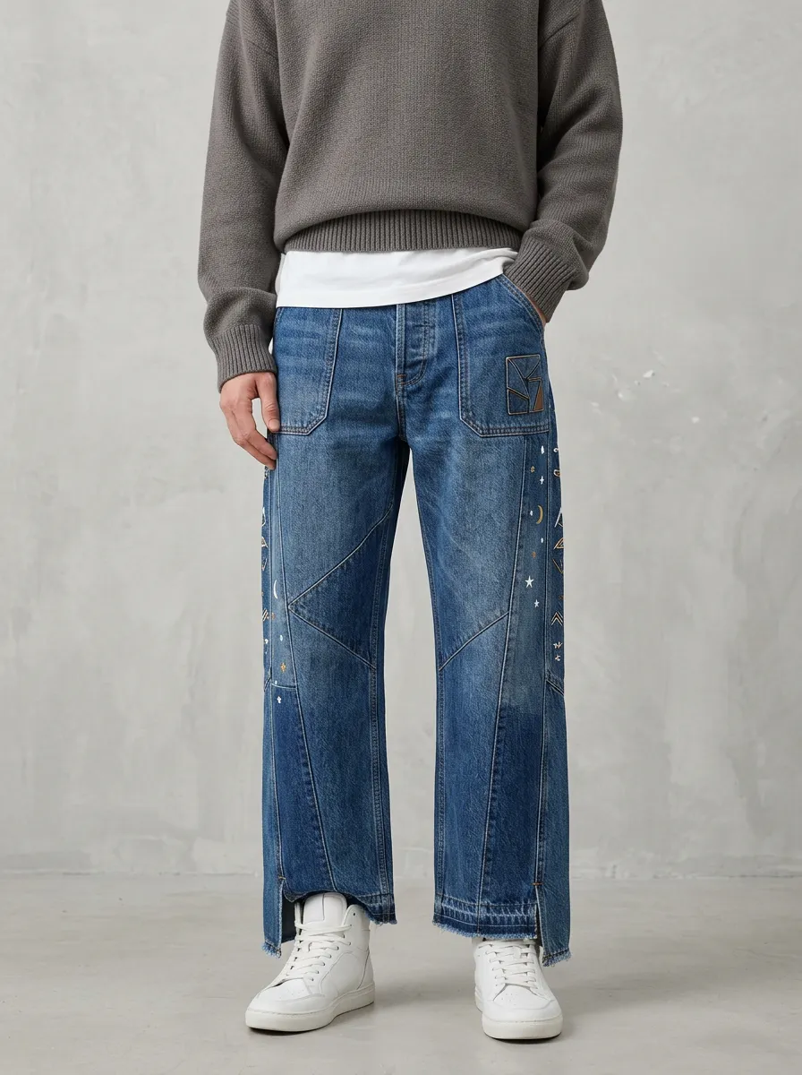 Wide Leg Embroidered Detail Celestial Graphic Star-and-Moon Graphic Men's Loose Fit Jeans