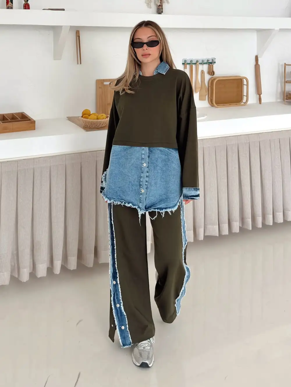 [6Pack]Women'S Knitted Patchwork Denim Top & Pants Set
