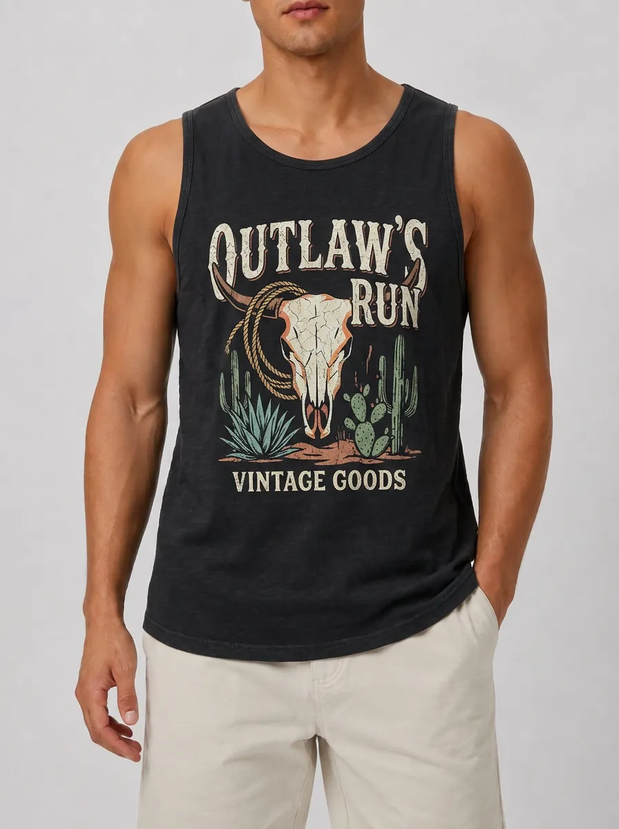 Men's Western Cowboy Skull Cactus Printed Tank Top