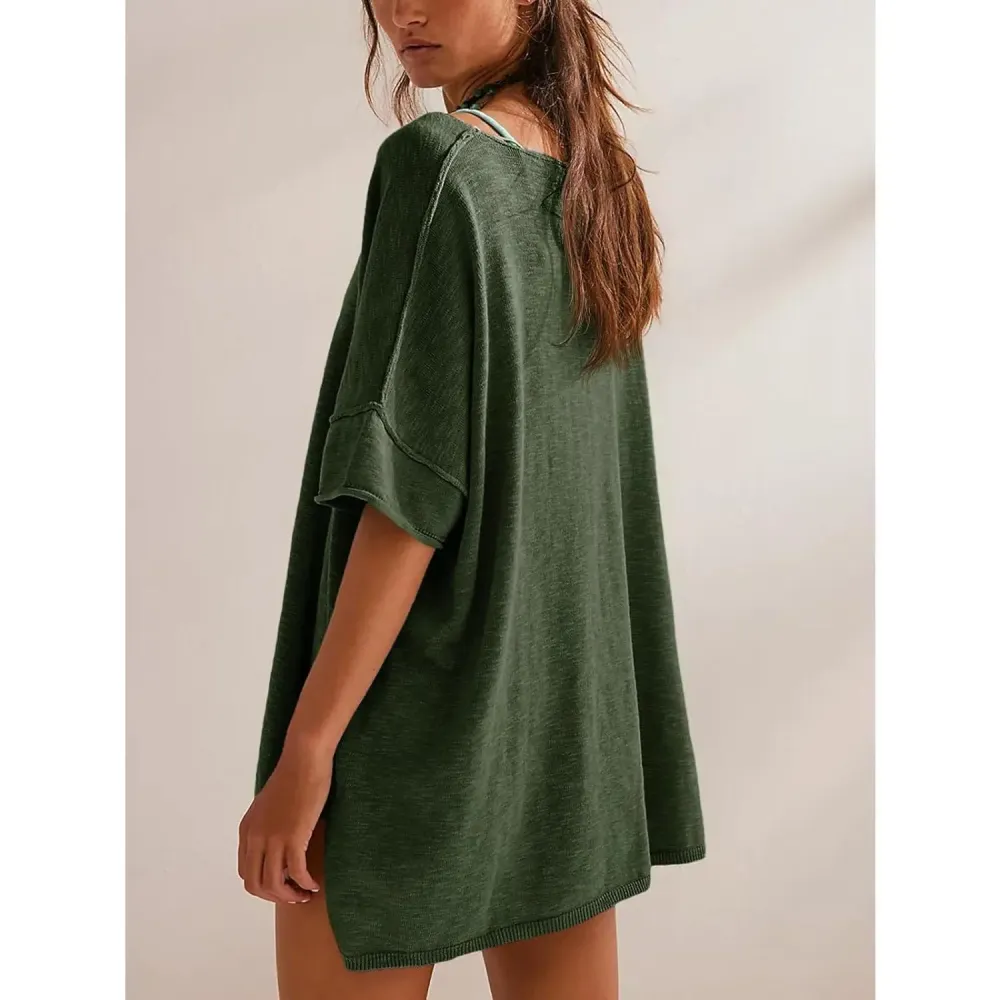 Women's Oversized T Shirts Casual Summer Crew Neck Loose Dropped Short Sleeve Side Slit Hem Blouse Tunic Tops