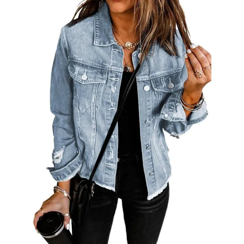 Women's Jean Jackets Casual Non Stretch Boyfriend Washed Coats Distressed Ripped Lapel Long Sleeve Denim Outwear Tops 2025 Womenswear Fall Winter Outfits Fitted Basic