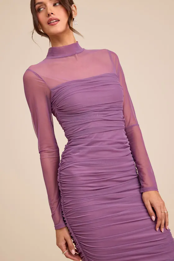 Impressive Flirt Black Mesh Ruched Mock Neck Midi Dress