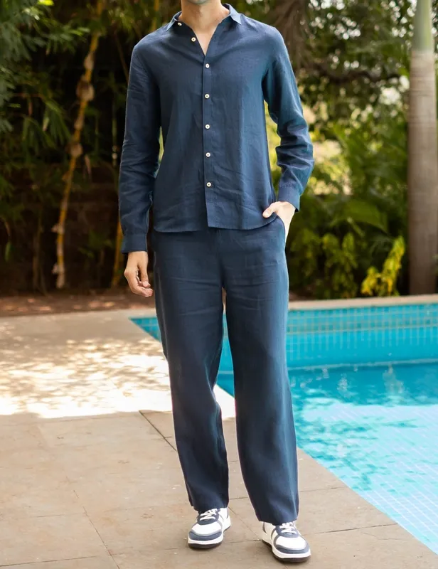 Navy Minimal Linen Button-Up Shirt