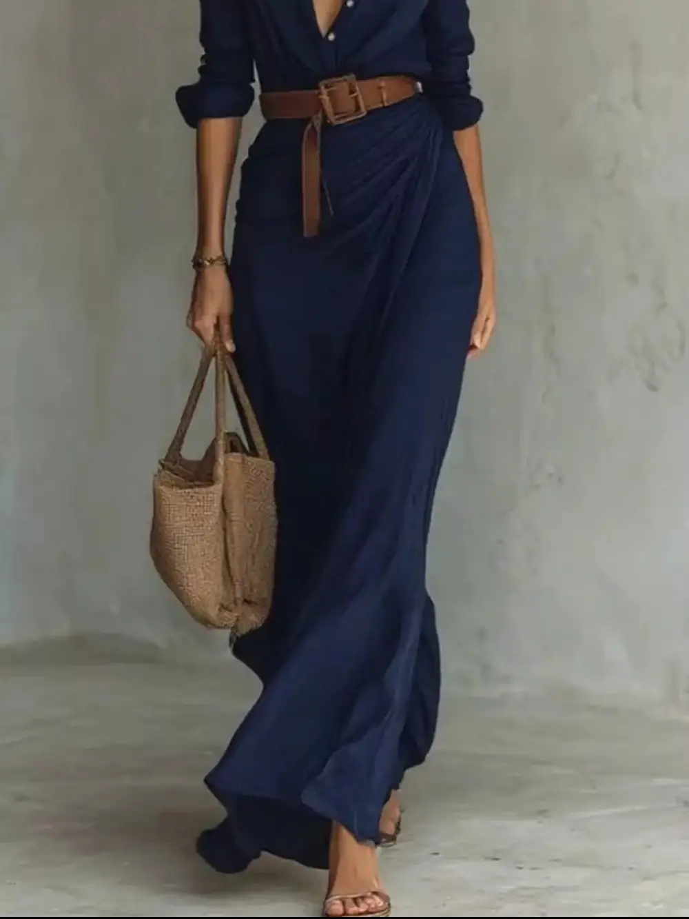 Gathered Detail Ruched Long Sleeve Maxi Dress