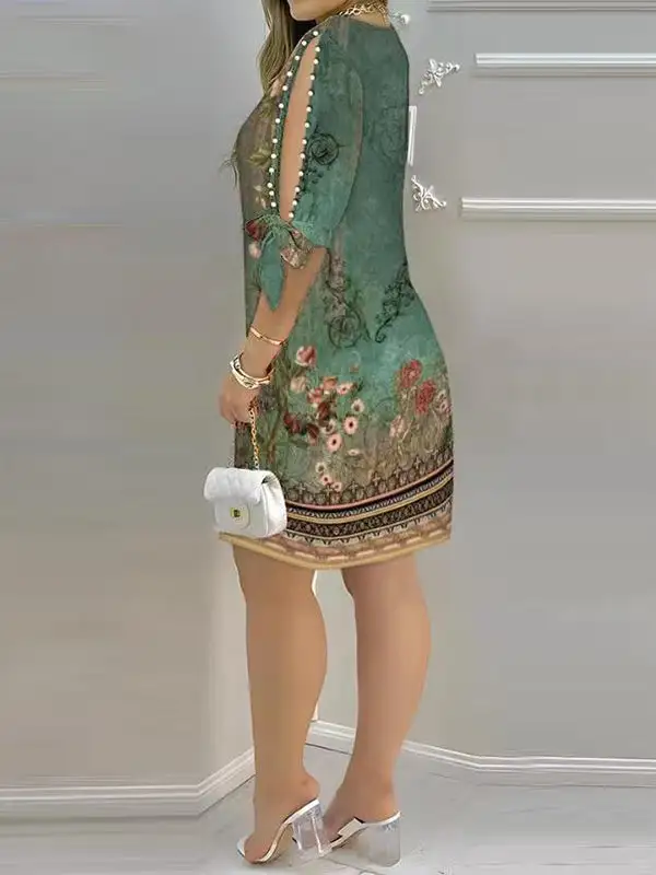 Relaxed Short Sleeve Hollow Printed Split Joint Round Neck Mini Dress