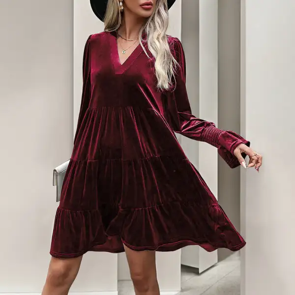 Women's V-Neck Puff-Sleeve Ruffled Dress